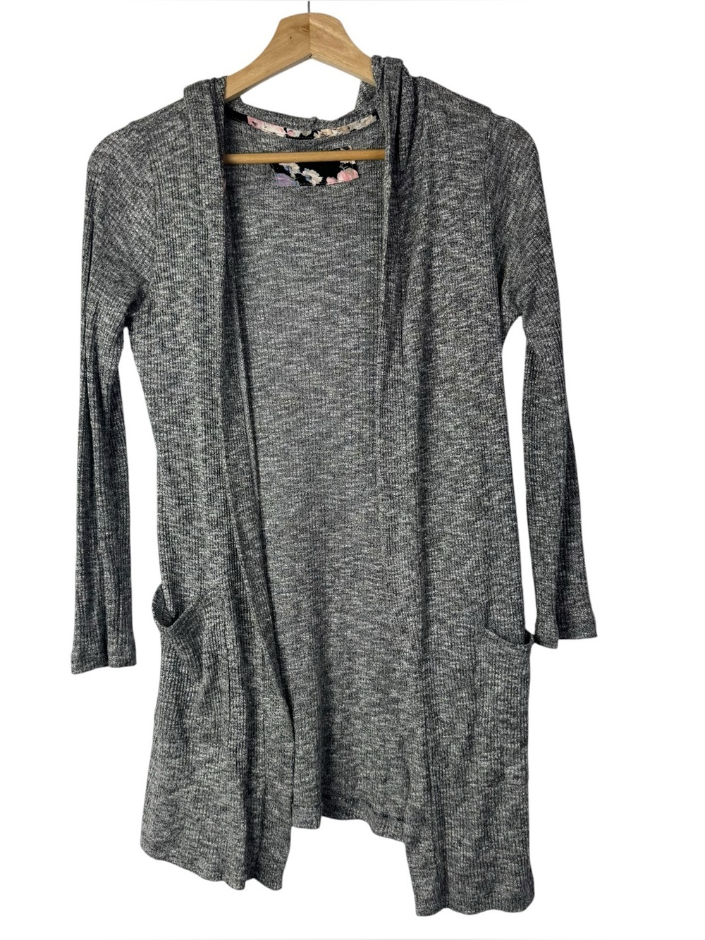 Boutique Medium Heather Gray Ribbed Hooded Cardigan M